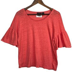 Rachel T Shirt Top Women Size L Pink Short Sleeve 100%‎ Linen Bell Short Sleeve